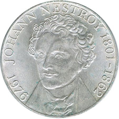 Moneda de plata 100 schillings Austria 1976 Johann Nestroy.  - 1