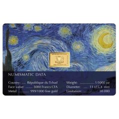 Moneda de oro 3000 Francs Tchad. Vincent van Gogh.