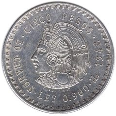 Moneda de plata 5 pesos Mexico 1948 Azteca.  - 1