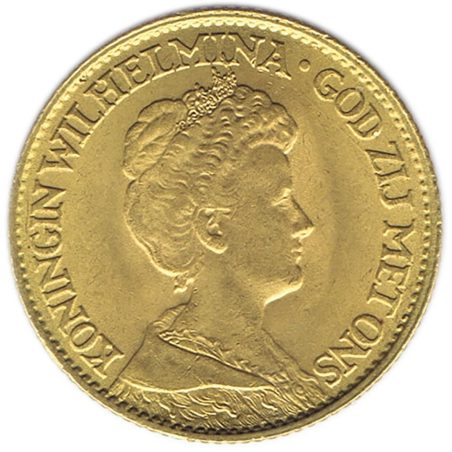 Moneda de oro Holanda 10 Gulden 1912 Guillermina.  - 1