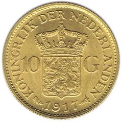 Moneda de oro Holanda 10 Gulden 1912 Guillermina.