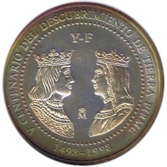 Moneda de plata 3 euros 1998 Descubrimiento tierra firme.