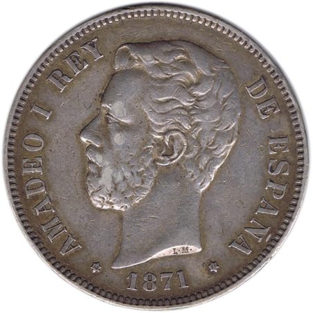5 Pesetas Plata 1871 *71 Amadeo I SD M.  - 1