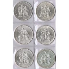 Monedas de plata 50 francos Francia 1974 a 1979. 6 monedas. SC