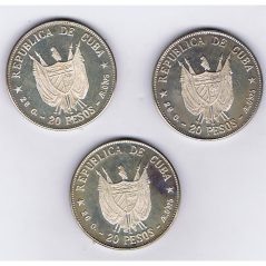 Monedas de plata 20 pesos Cuba 1977 Líderes Revolución. 3 monedas