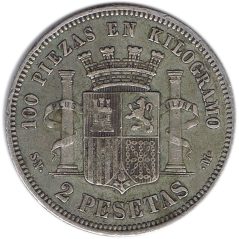 2 Pesetas Plata 1869 *69 Gobierno Provisional.