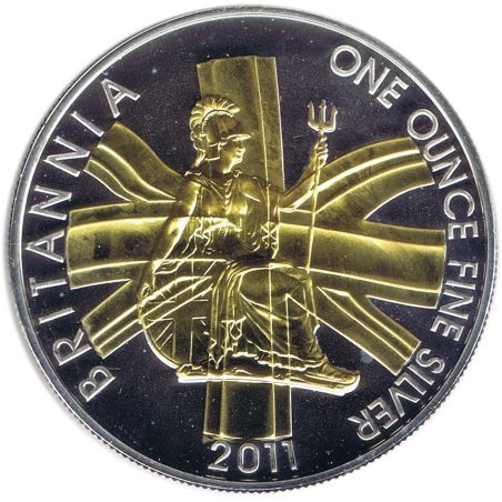 Moneda onza de plata Britannia 2 Pounds Inglaterra 2011. Con oro  - 1