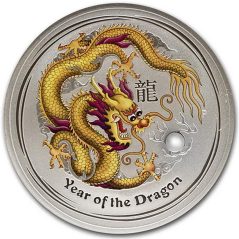 Moneda onza de plata 1$ Australia Lunar Dragón 2012. Color.  - 1