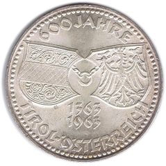 Moneda de plata 50 schilling Austria 1963 600 Años Tirol.  - 1