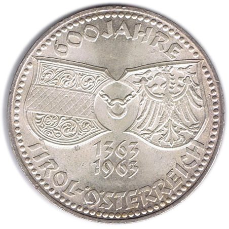 Moneda de plata 50 schilling Austria 1963 600 Años Tirol.  - 1
