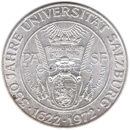 Moneda de plata 50 schilling Austria 1972 Universidad Salzburgo.  - 1