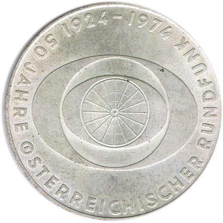 Moneda de plata 50 schilling Austria 1974 Radiodifusión.  - 1