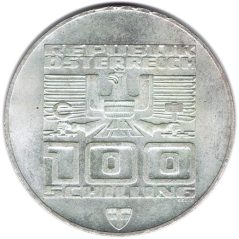 Moneda de plata 100 schilling Austria 1976 Esquiador en Innsbruck.