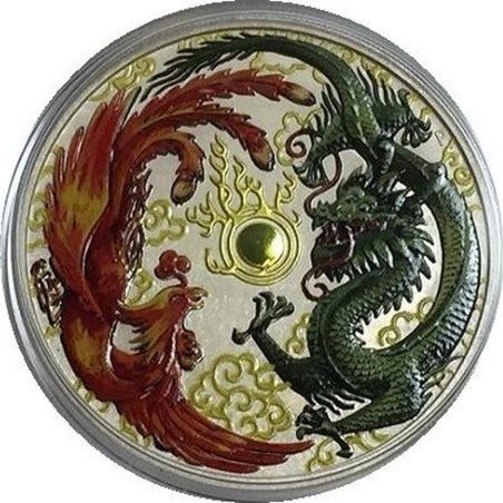 Moneda onza de plata Australia 1$ Dragón y Fénix 2017. Color  - 1