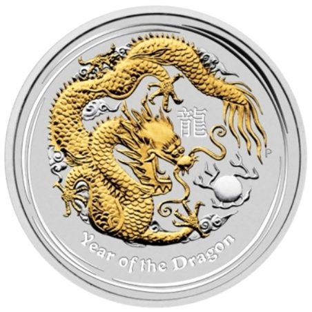 Moneda onza de plata 1$ Australia Lunar Dragón 2012. Dorado.  - 1