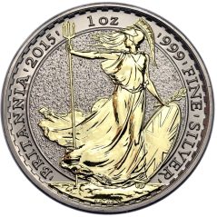 Moneda onza de plata Britannia 2 Pounds Inglaterra 2015. Con oro  - 1