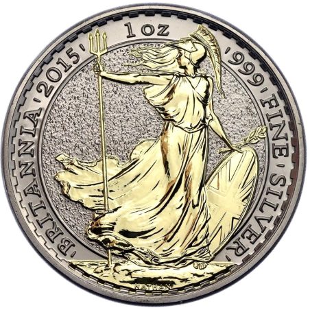 Moneda onza de plata Britannia 2 Pounds Inglaterra 2015. Con oro  - 1