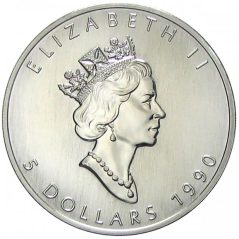 Moneda onza de plata 5$ Canada Hoja de Arce 1990