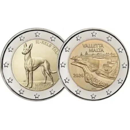 moneda conmemorativa 2 euros Malta 2026 Perro del Faraón y Valletta.  - 1
