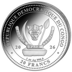 Moneda onza de plata 20 Francs Congo Tiburón 2026.