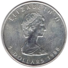 Moneda onza de plata 5$ Canada Hoja de Arce 1988