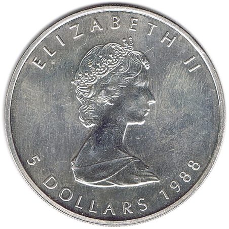 Moneda onza de plata 5$ Canada Hoja de Arce 1988