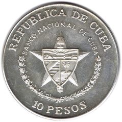 Moneda onza de plata 10 pesos Cuba 1988 Cienfuegos.