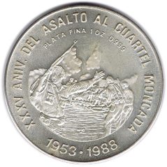 Moneda onza de plata 10 pesos Cuba 1988 Asalto cualtel Moncada.  - 1