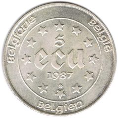 Moneda de plata 5 Ecu Belgica 1987 Carlos V.