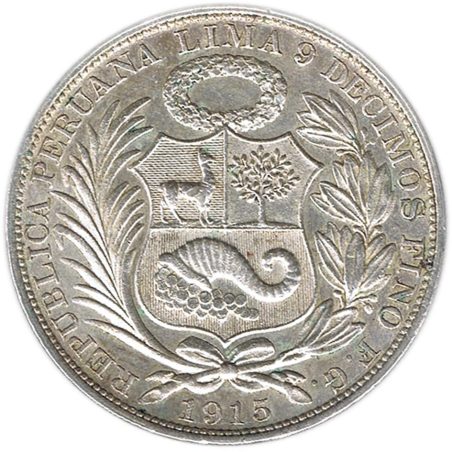 Moneda de plata 1 Sol Perú 1915.