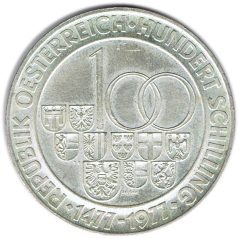 Moneda de plata 100 schilling Austria 1977 Casa de la Moneda de Hall.