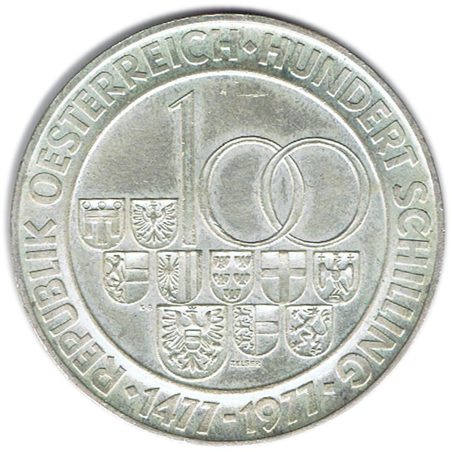 Moneda de plata 100 schilling Austria 1977 Casa de la Moneda de Hall.