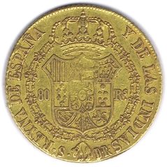 Moneda de oro 80 Reales 1836 Isabel II Sevilla.