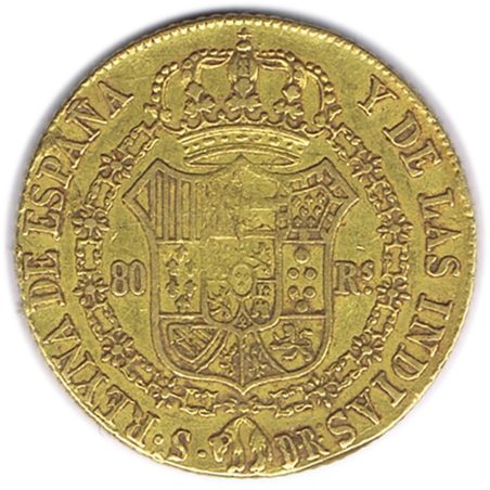 Moneda de oro 80 Reales 1836 Isabel II Sevilla.