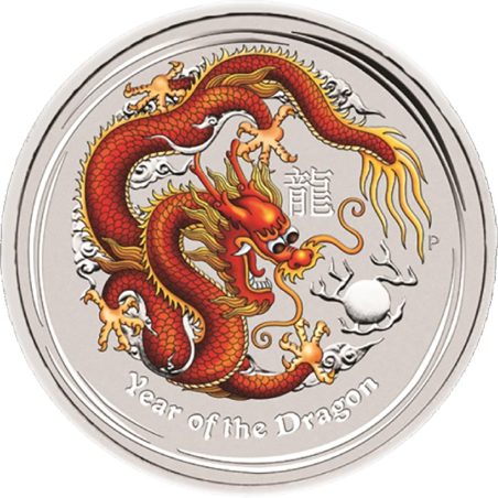 Moneda onza de plata 1$ Australia Lunar Dragón 2012. Color Rojo.  - 1