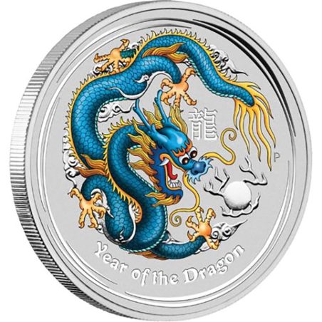 Moneda onza de plata 1$ Australia Lunar Dragón 2012. Color Azul.  - 1