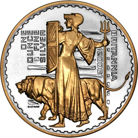 Moneda onza de plata Britannia 2 Pounds Inglaterra 2006. Con oro.  - 1