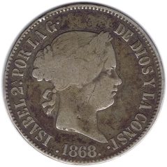 Isabel II 50 Centavos de Peso 1868 Filipinas. Plata.  - 1