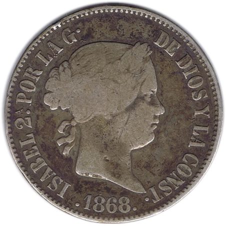 Isabel II 50 Centavos de Peso 1868 Filipinas. Plata.  - 1