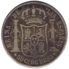 Isabel II 50 Centavos de Peso 1868 Filipinas. Plata.