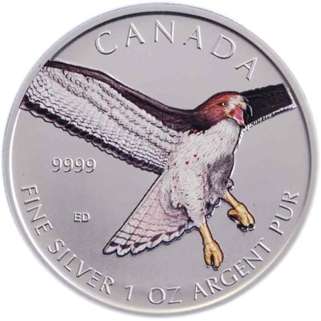 Moneda onza de plata 5$ Canadá 2015 Halcón Colirrojo. Color  - 1