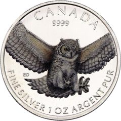 Moneda onza de plata Canada 5$ 2015 Buho Cornudo. Plata color.  - 1