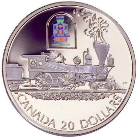 Moneda de plata 20 $ Canada 2000 Tren. Holograma.