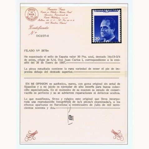 2879e Juan Carlos I. Error pie imprenta arriba. Certificado.