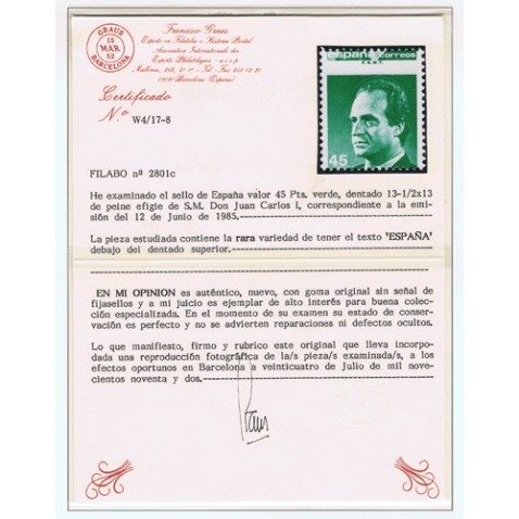 2801c Juan Carlos I. Error texto España arriba. Certificado.