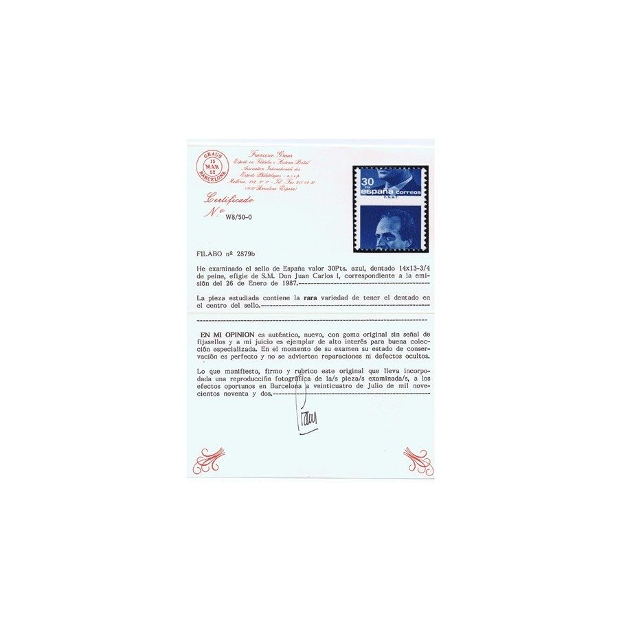 2879b Juan Carlos I. Error dentado centro sello. Certificado.