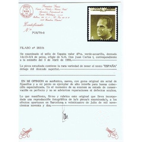 2831b Juan Carlos I. Error texto España arriba. Certificado.