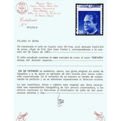 2879d Juan Carlos I. Texto España bajo dentado superior. Certif.