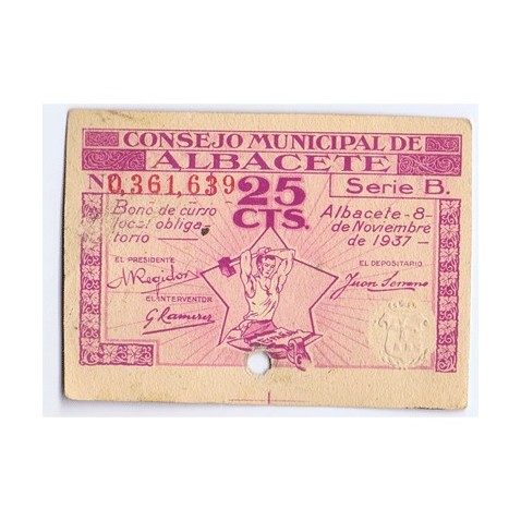 (1937/11/08) 25 cts. Consejo Municipal de Albacete. Perforado.