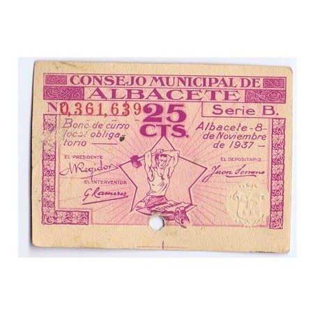(1937/11/08) 25 cts. Consejo Municipal de Albacete. Perforado.